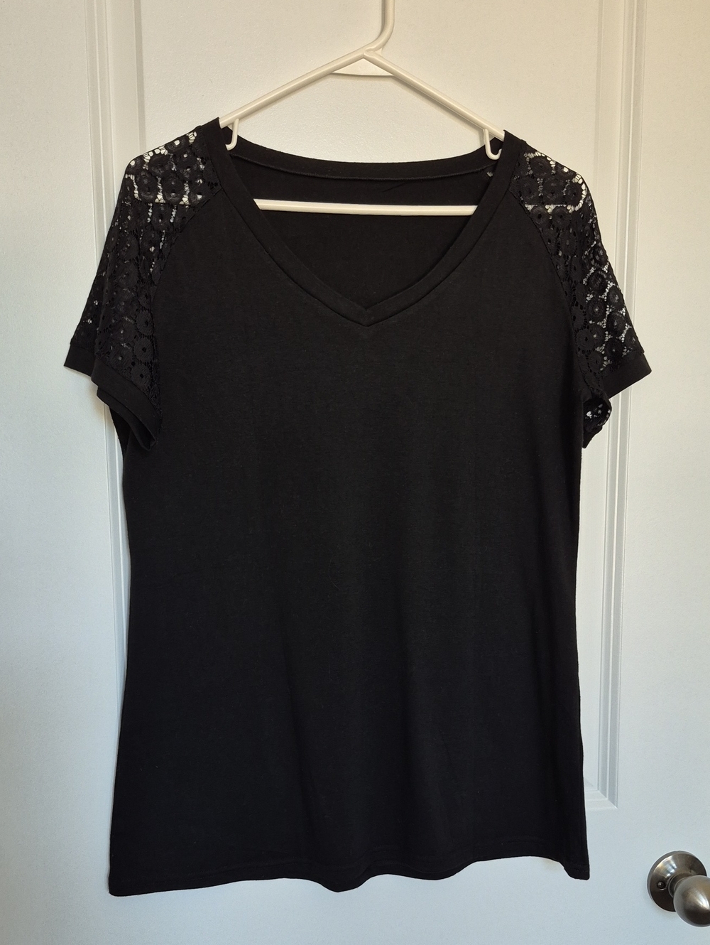 2/$20 Black V-Neck Top with Lace Shoulder Detail